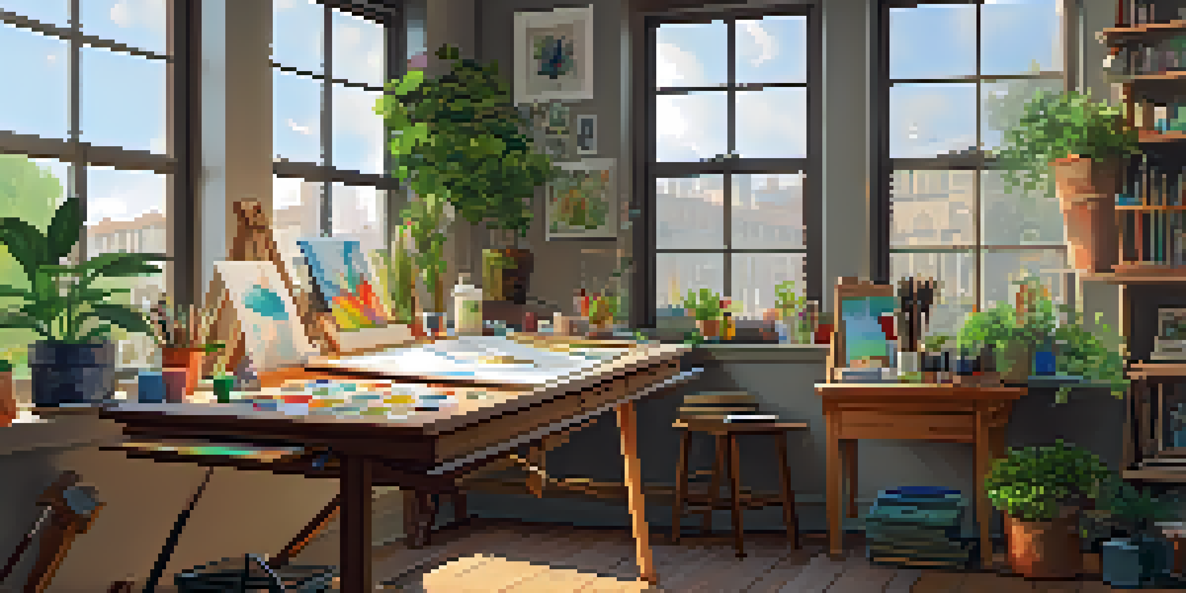An artist's studio with traditional and digital art supplies, featuring a large window with natural light, colorful paint on a canvas, a graphics tablet, and sketches on a wooden table.