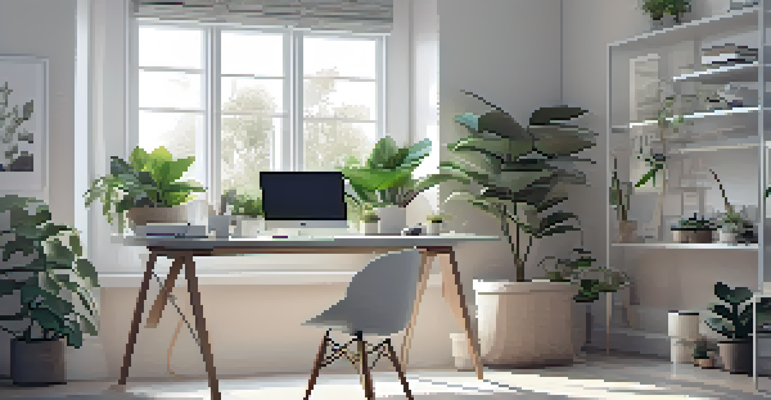 A minimalist tech workspace with a modern laptop, plants, and artistic decor, illuminated by natural light.