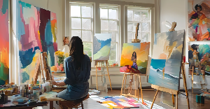 An artist in a colorful studio filled with artworks representing diverse women, with natural light illuminating the space.