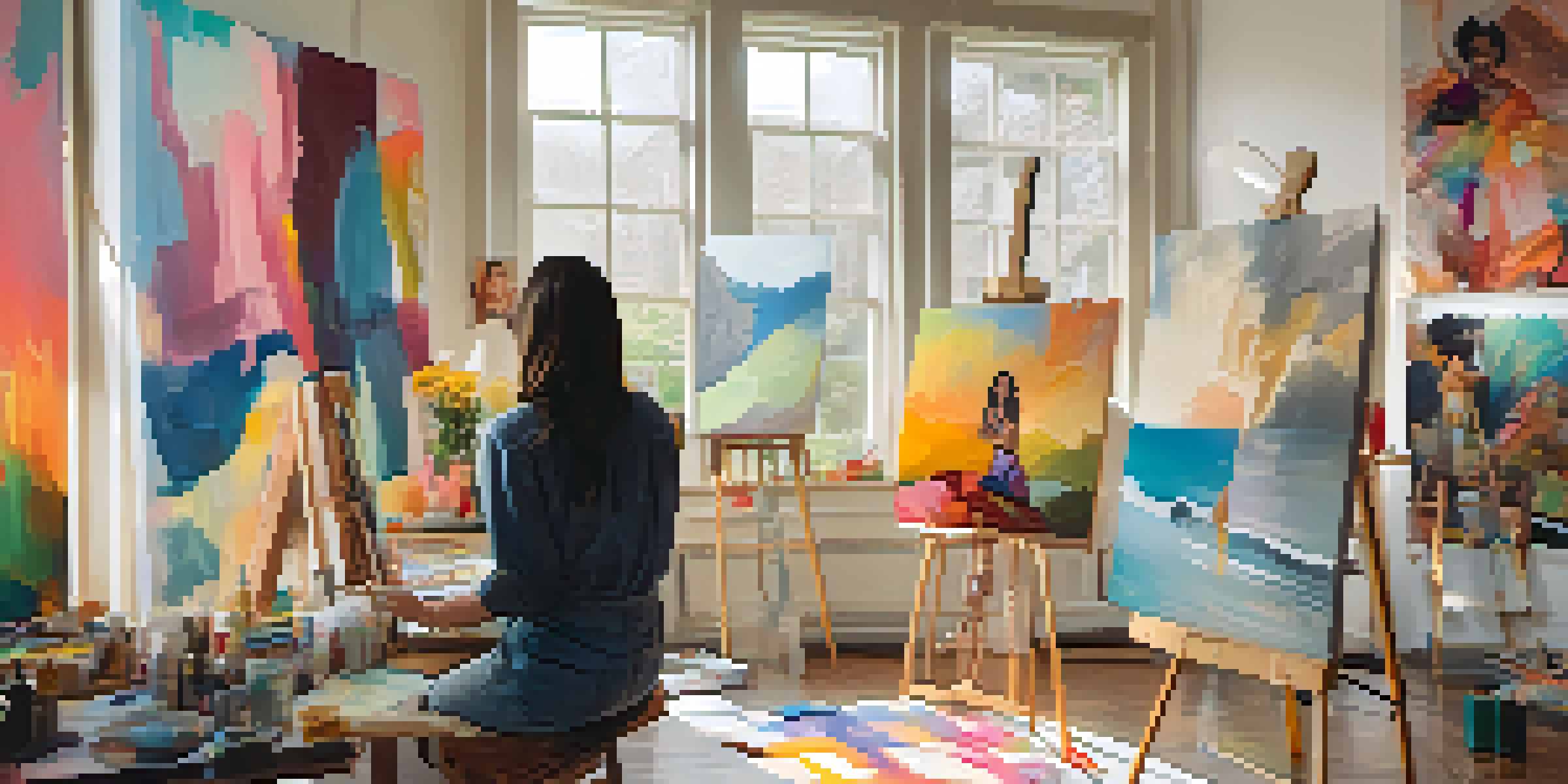 An artist in a colorful studio filled with artworks representing diverse women, with natural light illuminating the space.