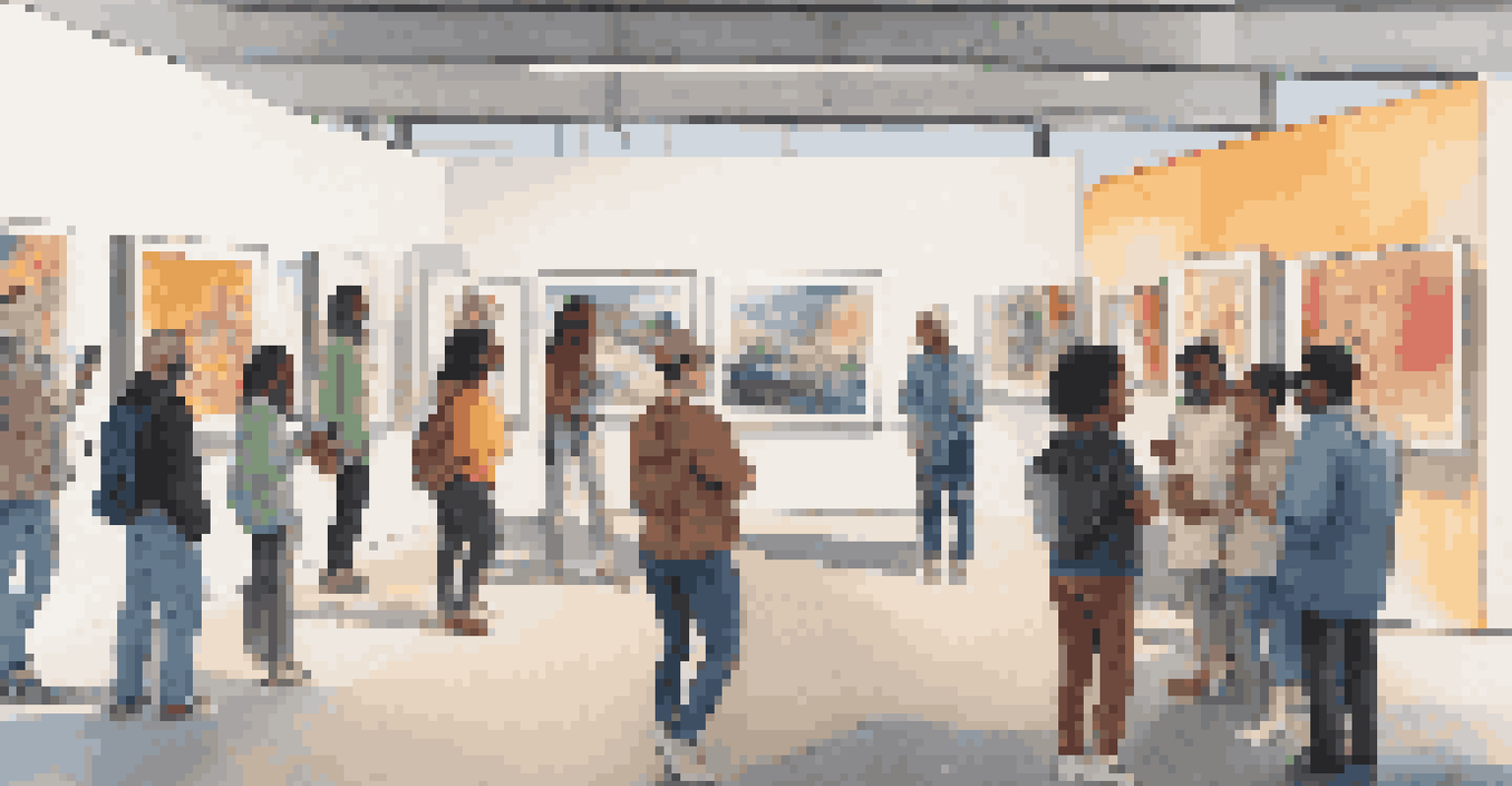 A diverse group of artists collaborating in a gallery filled with digital artworks displayed on screens.