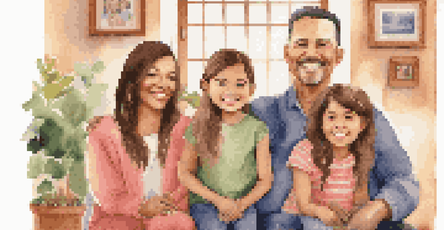 A cheerful family portrait in a cozy living room, showcasing a diverse family of four smiling together.