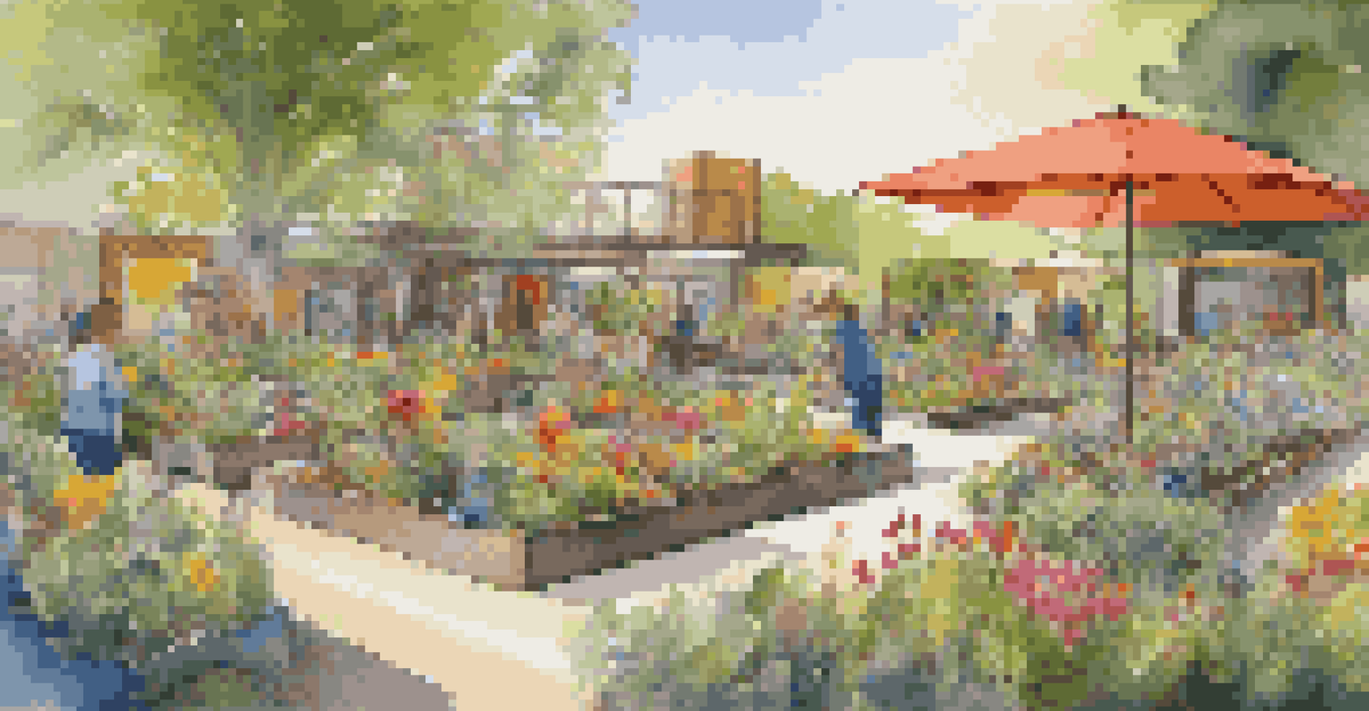 An art-filled community garden with colorful sculptures and lush plants, under warm sunlight.