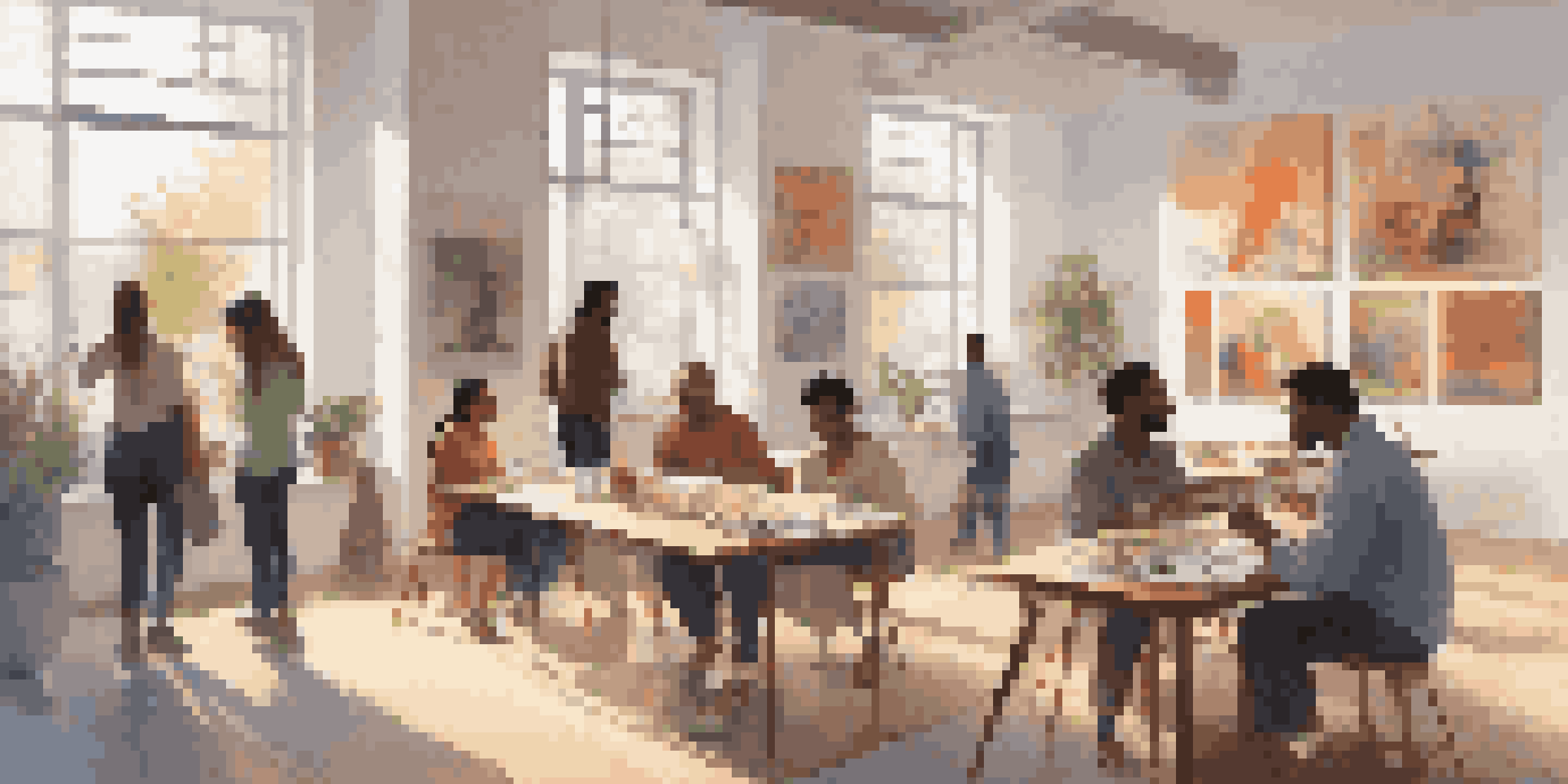 A digital art space with diverse artworks and people discussing art, illuminated by natural light.