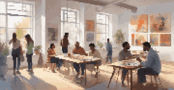 A digital art space with diverse artworks and people discussing art, illuminated by natural light.