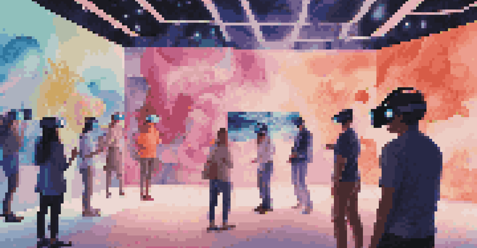 Visitors in a virtual reality art exhibition exploring interactive installations in a colorful digital landscape.