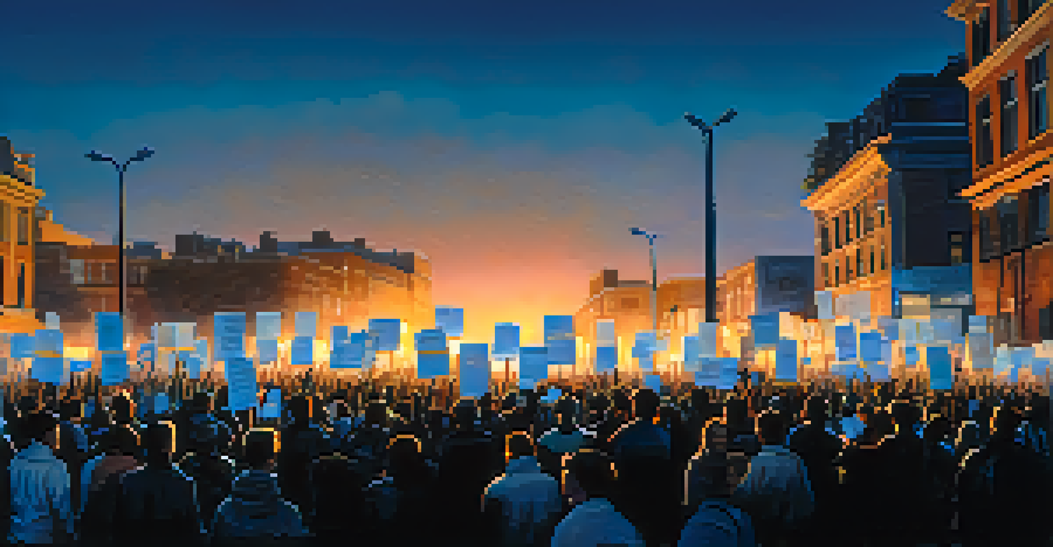 A protest scene at dusk with individuals holding illuminated signs, creating a striking contrast against the deep blue sky.
