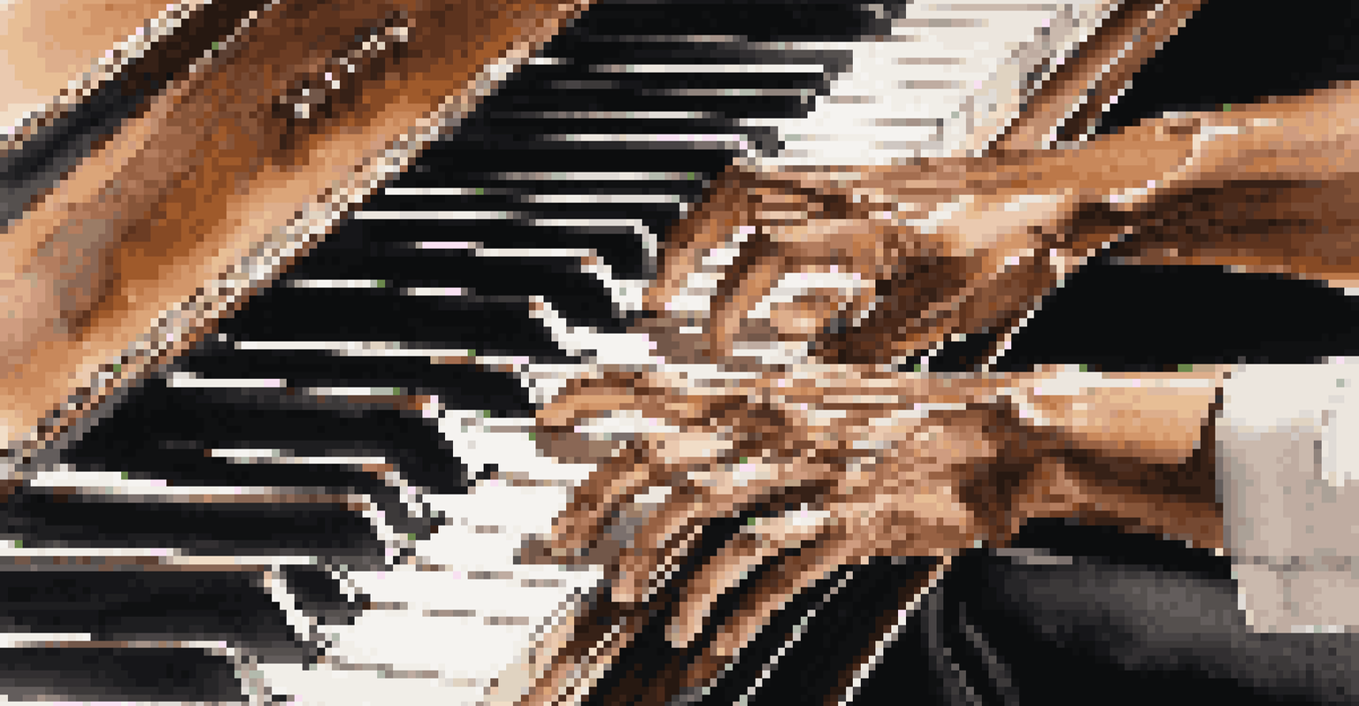 Close-up of a musician's hands playing a grand piano, highlighting the keys and fingers with warm lighting.