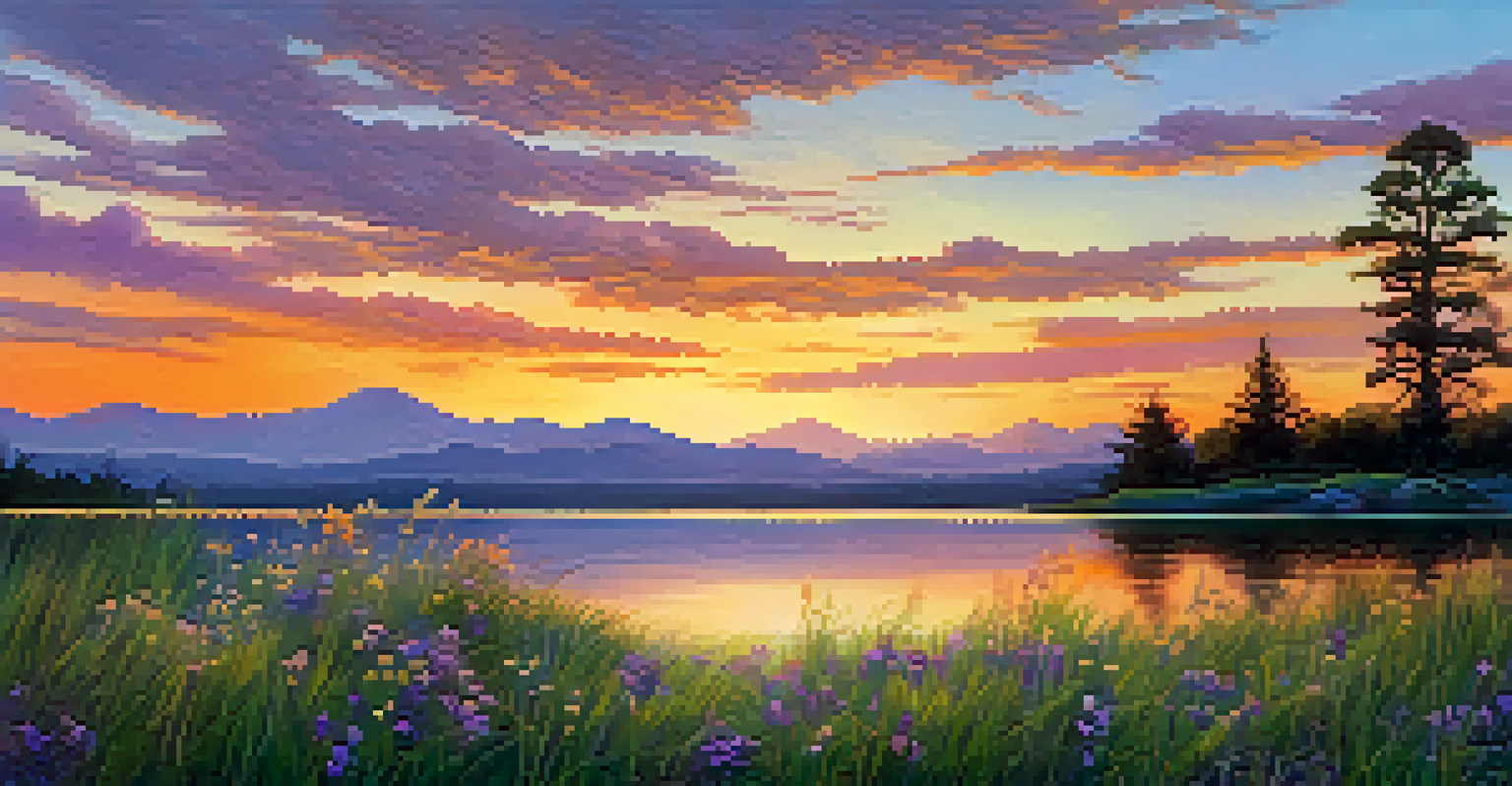 A tranquil sunset over a lake, featuring vibrant colors blending into soft hues with mountains in the background and wildflowers in the foreground.