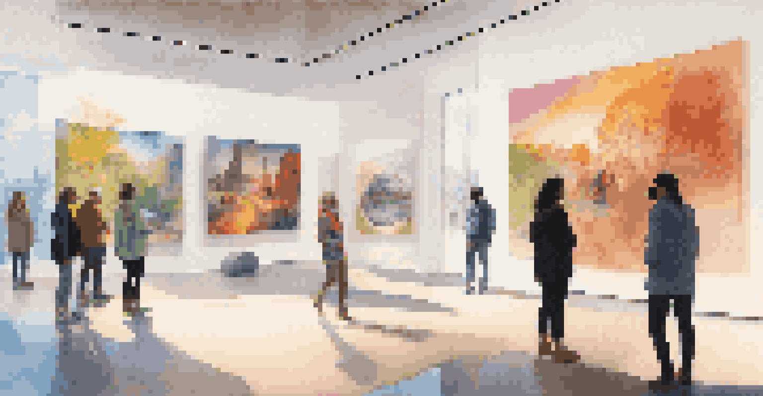 A modern art gallery with diverse artworks, soft lighting, and people interacting with a colorful sculpture.