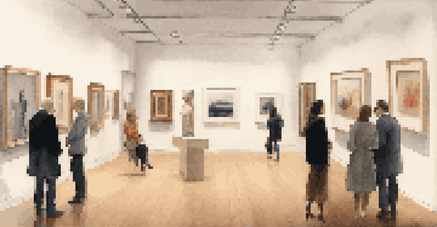 A modern art gallery with contemporary artwork on display, featuring visitors admiring the pieces in a serene atmosphere.