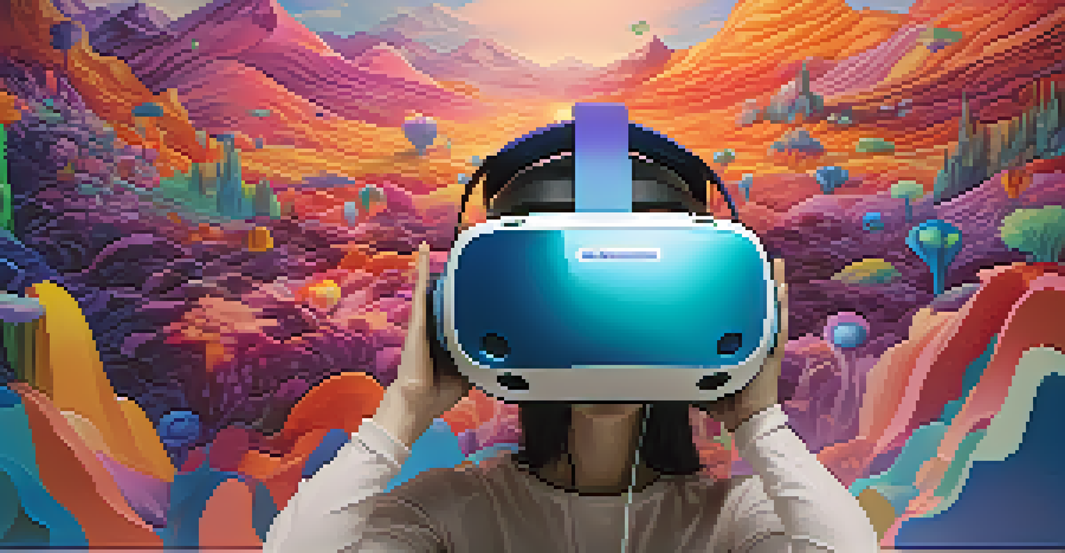 A person using a VR headset to interact with a colorful, abstract virtual art landscape filled with floating pieces.