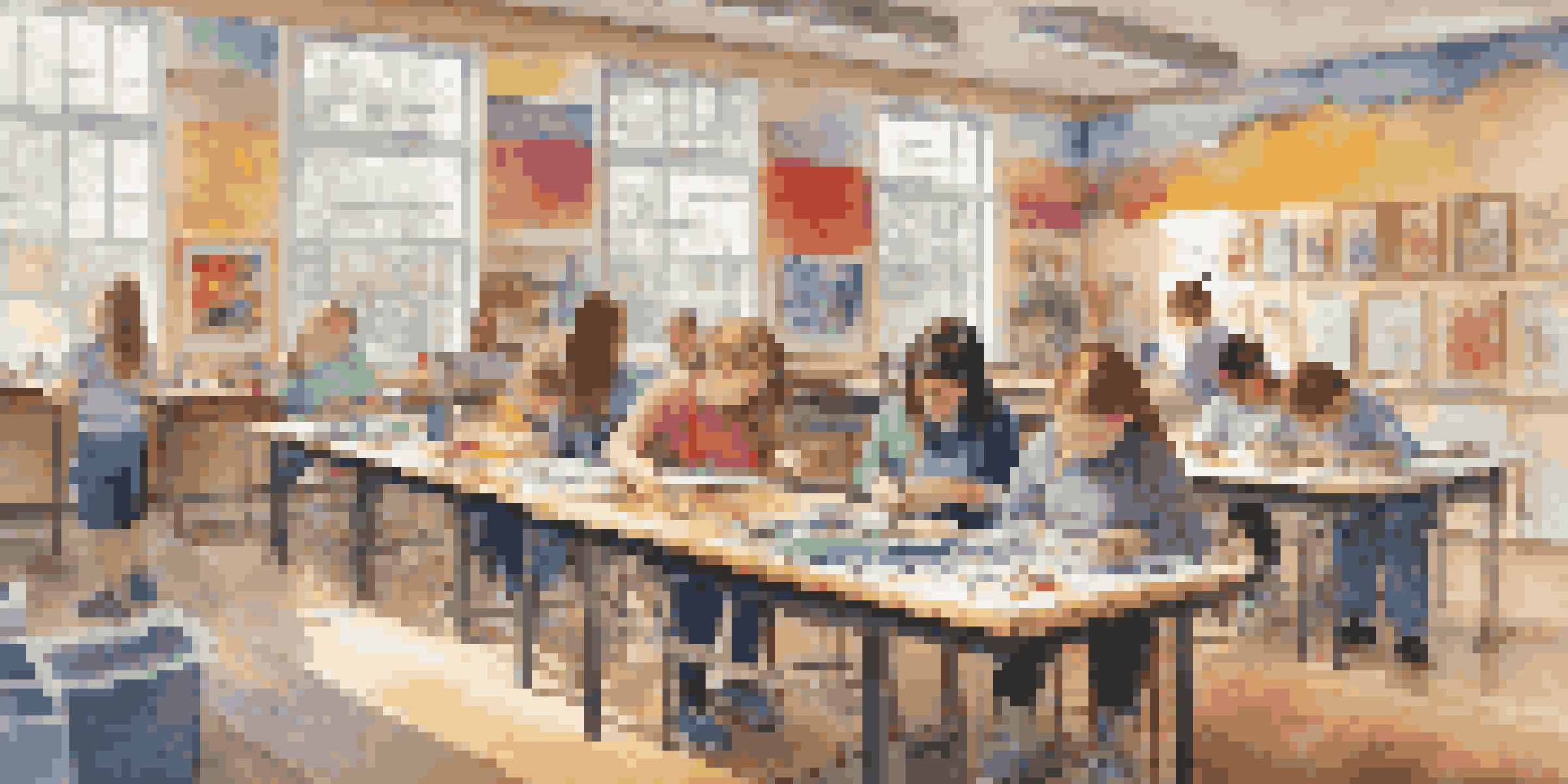 An art classroom with special needs students happily engaged in painting and sculpting, surrounded by their colorful artwork and art supplies.