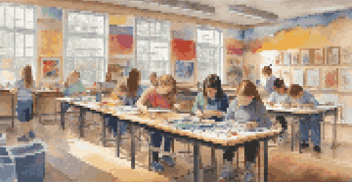 An art classroom with special needs students happily engaged in painting and sculpting, surrounded by their colorful artwork and art supplies.