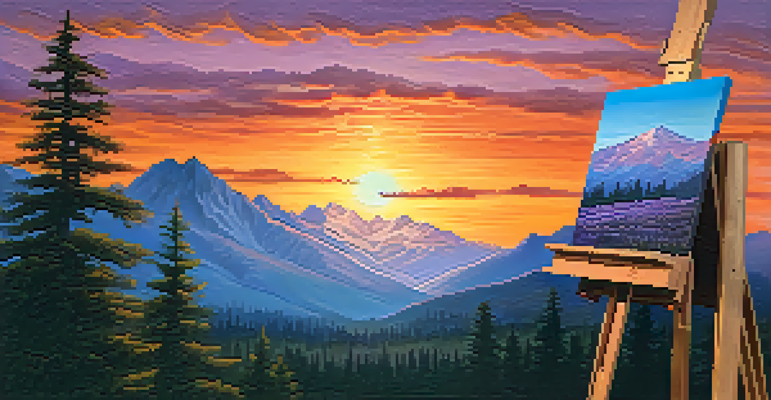 A close-up of a wooden easel with a detailed sunset painting over mountains, showcasing vibrant colors and texture.