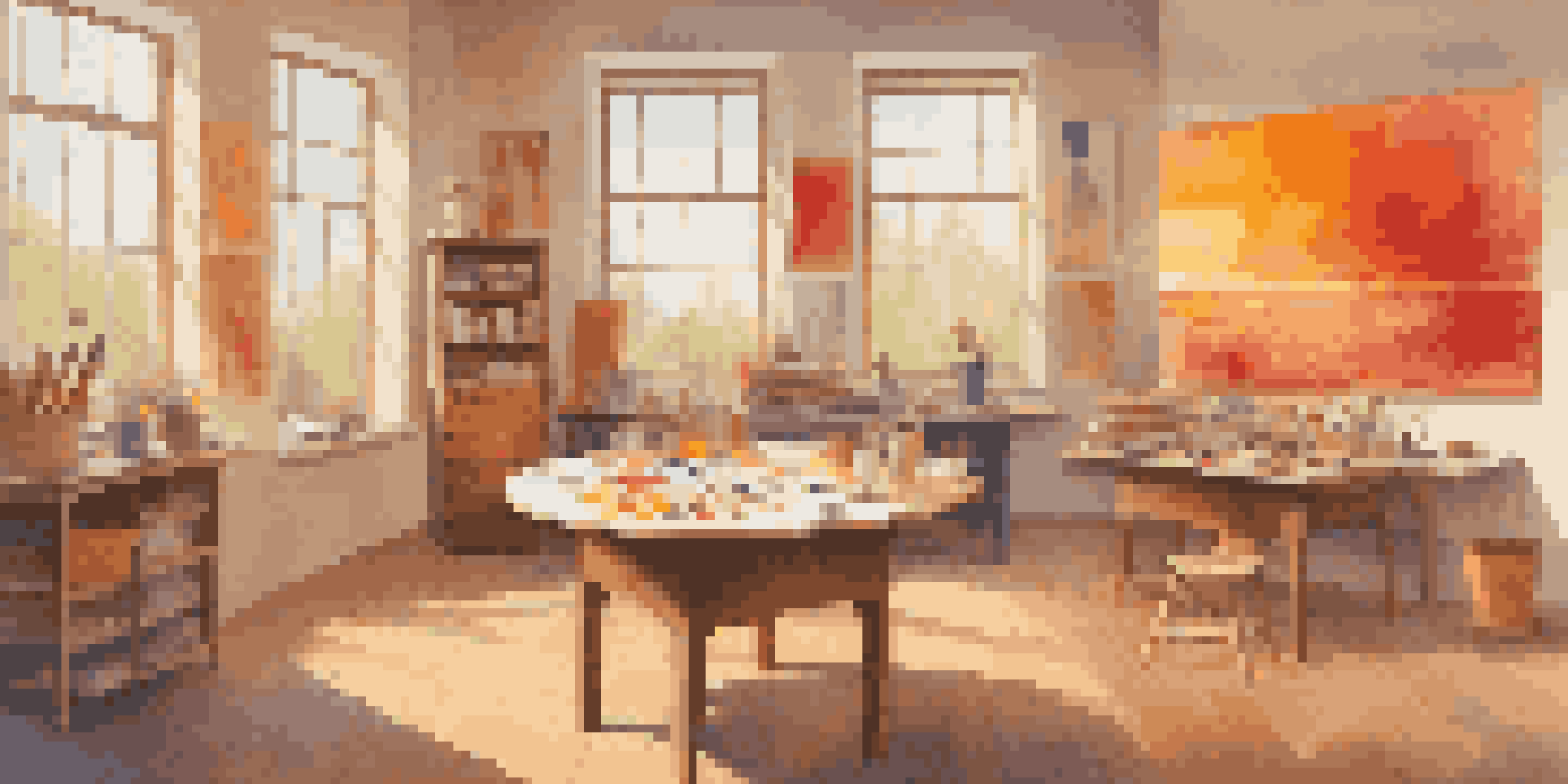 A bright art therapy studio with warm colors and an artist painting with vibrant hues, surrounded by art supplies and natural light.
