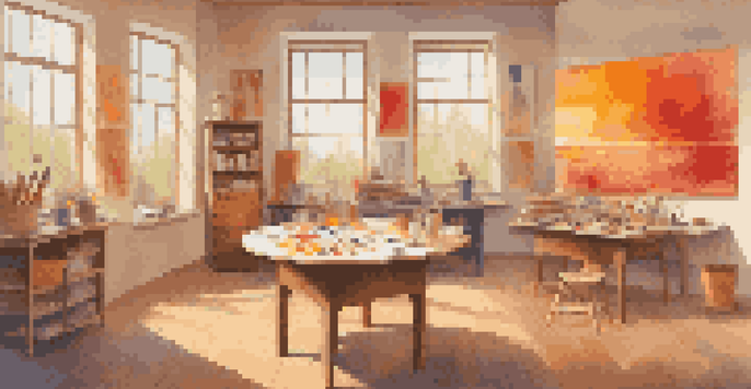 A bright art therapy studio with warm colors and an artist painting with vibrant hues, surrounded by art supplies and natural light.