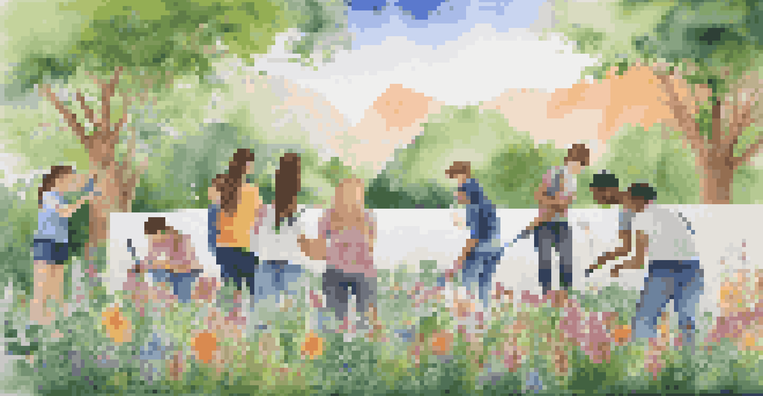 A group of students collaborating on a large mural outdoors, surrounded by greenery and colorful flowers.