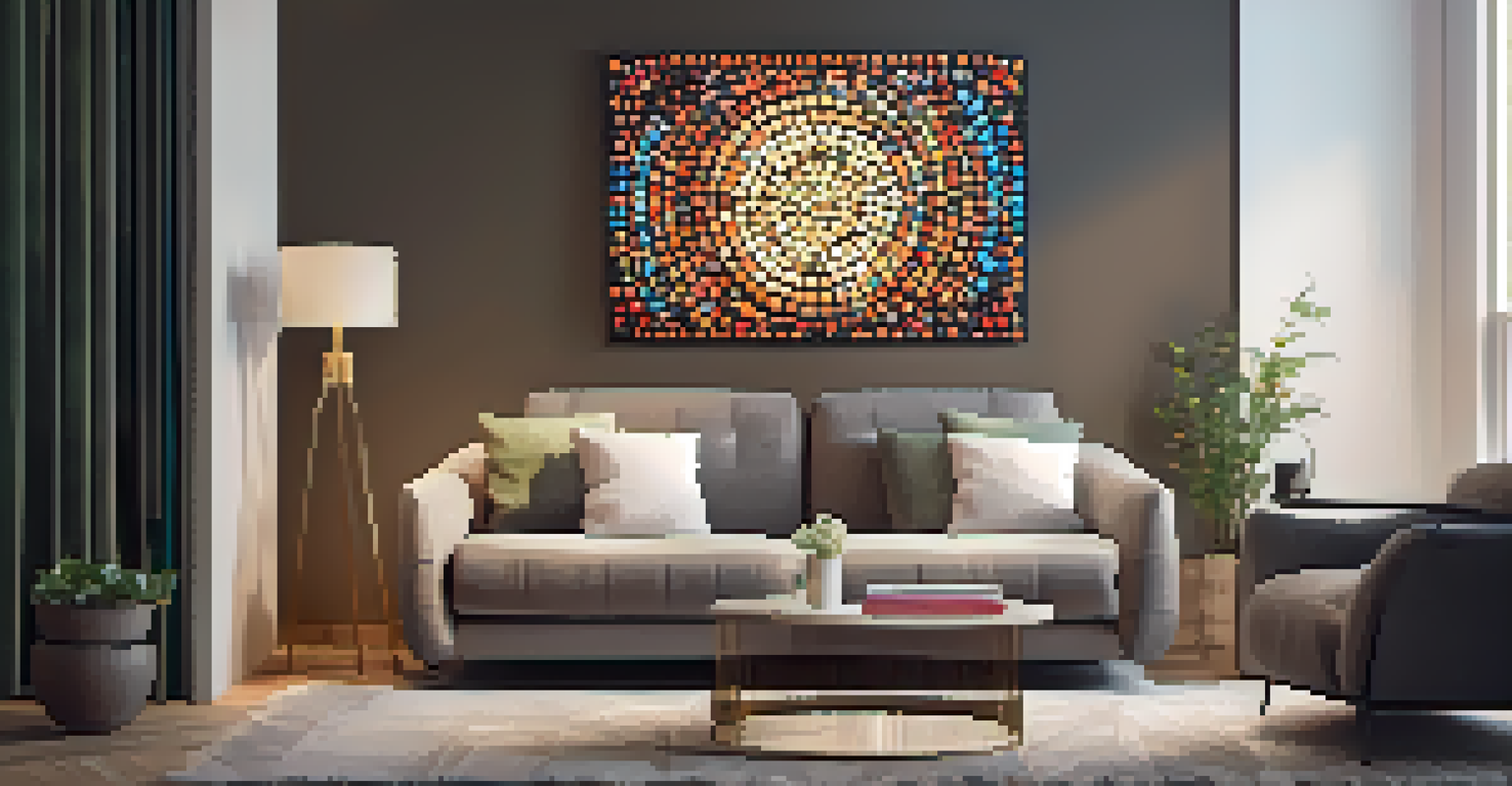 A living room with a decorative mosaic wall art piece above a modern sofa, illuminated by soft lighting.