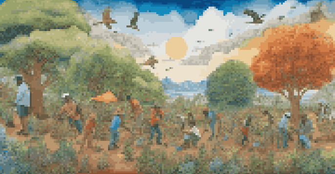 A colorful mural showing people of different backgrounds planting trees and flowers, representing community action for the environment.