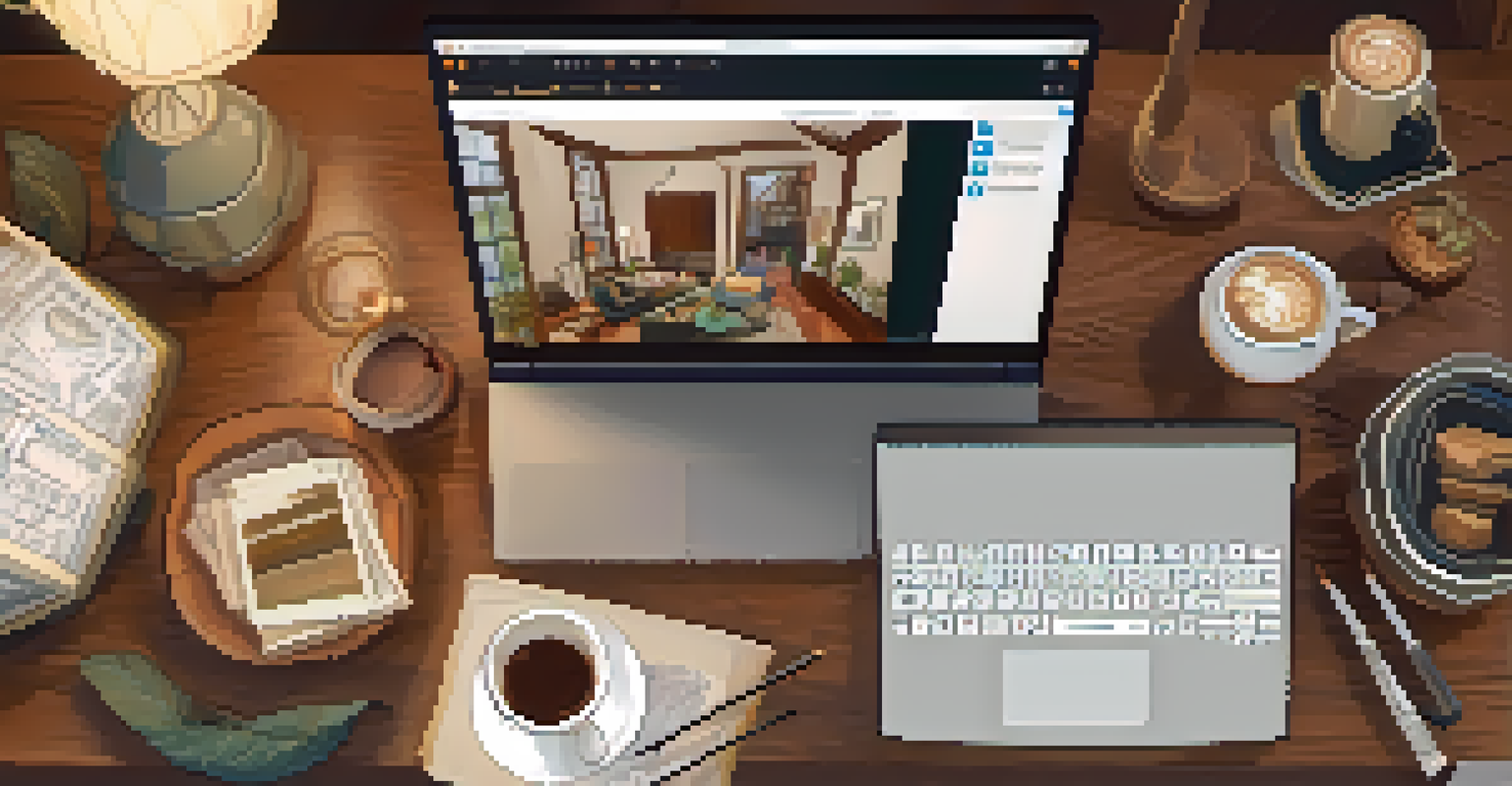 An overhead view of a cozy home setting featuring a laptop streaming a live art auction surrounded by art materials and a warm cup of coffee.
