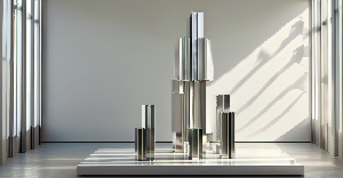 A minimalist sculpture of polished metal cubes arranged symmetrically on a pedestal with natural light creating soft shadows.