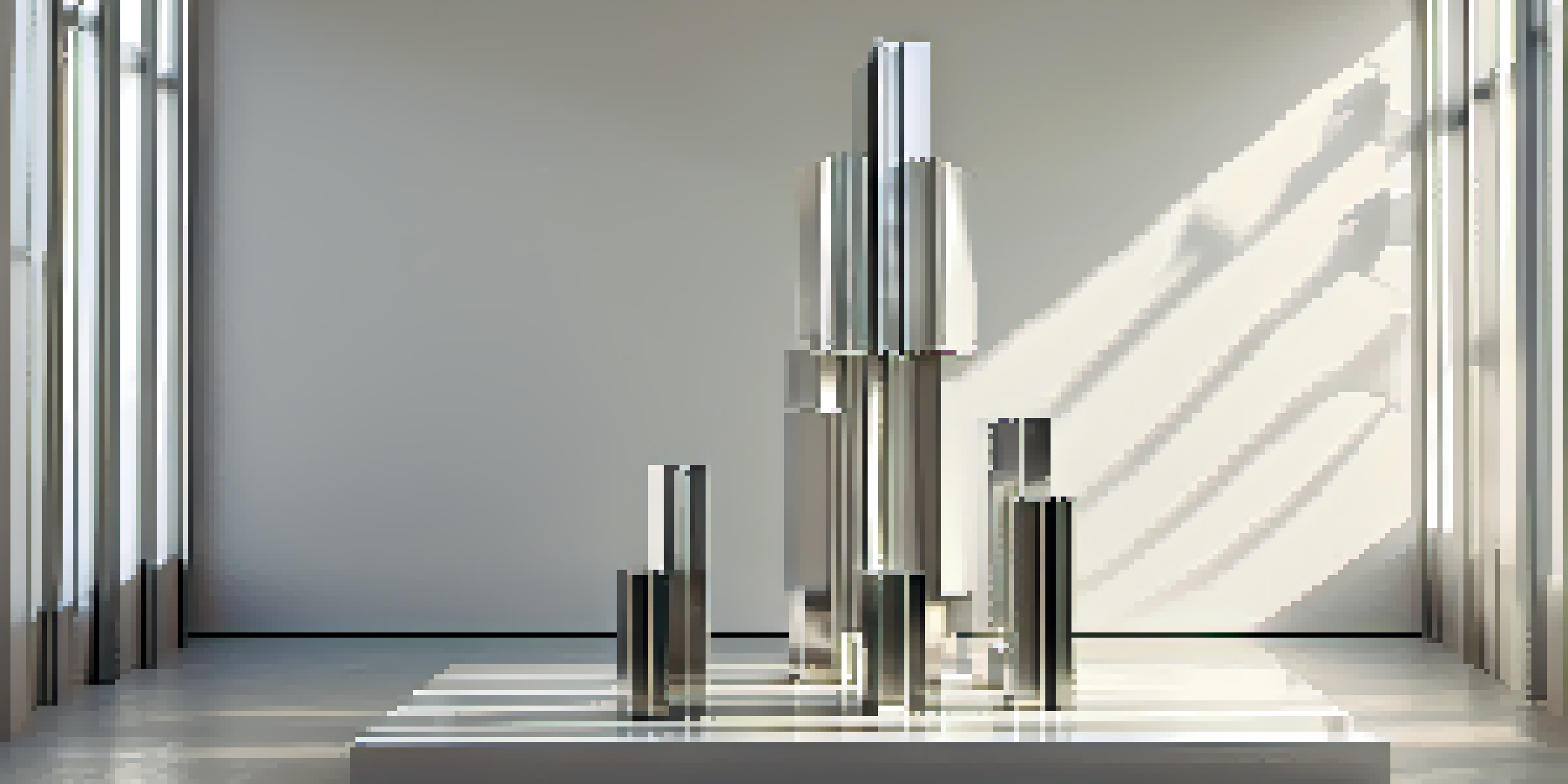 A minimalist sculpture of polished metal cubes arranged symmetrically on a pedestal with natural light creating soft shadows.
