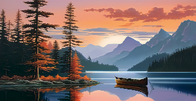 A tranquil lake surrounded by mountains during sunset, with warm colors reflecting in the water and a wooden boat in the foreground.