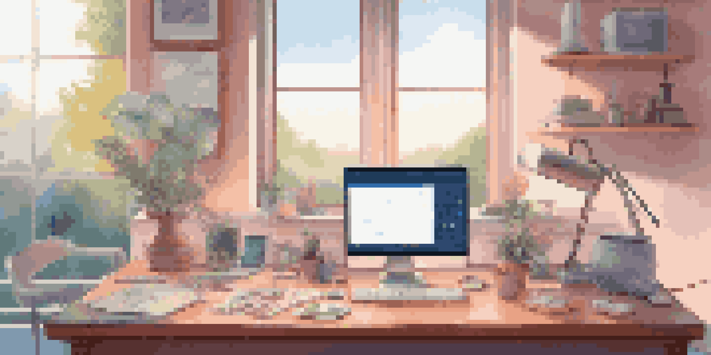 A peaceful digital art workspace with colorful tools and a soft landscape background, designed to evoke tranquility.