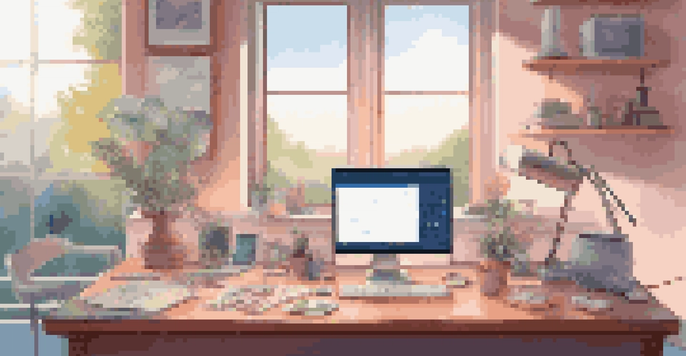 A peaceful digital art workspace with colorful tools and a soft landscape background, designed to evoke tranquility.