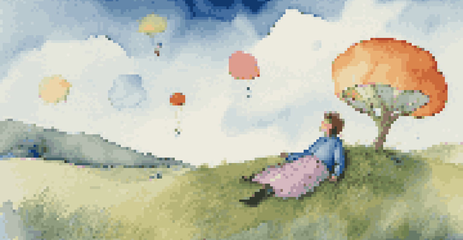 A person lying on a grassy hill daydreaming under a blue sky, with colorful thought bubbles showcasing scenes of creativity and play.