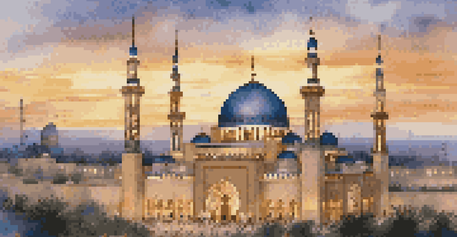 Grand mosque with a dome and minarets against a twilight sky, adorned with arabesque motifs and illuminated by warm lights.
