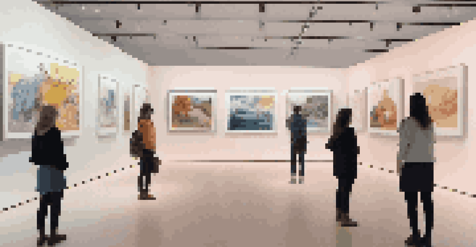 A modern virtual gallery exhibition showcasing digital artworks with visitors interacting with the displays.