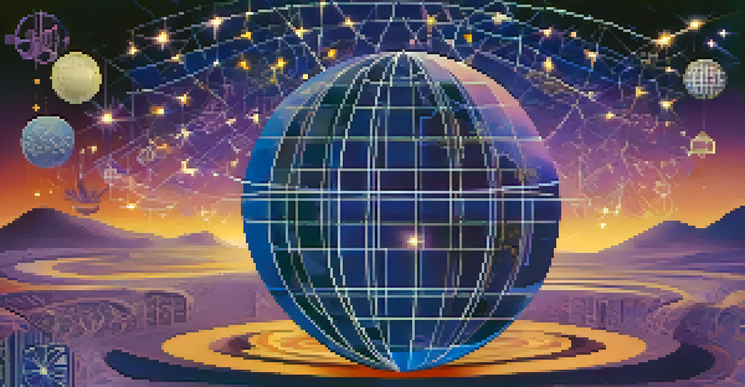 A digital artwork of a globe adorned with cultural symbols and connected by glowing lines, set against a starry gradient background.