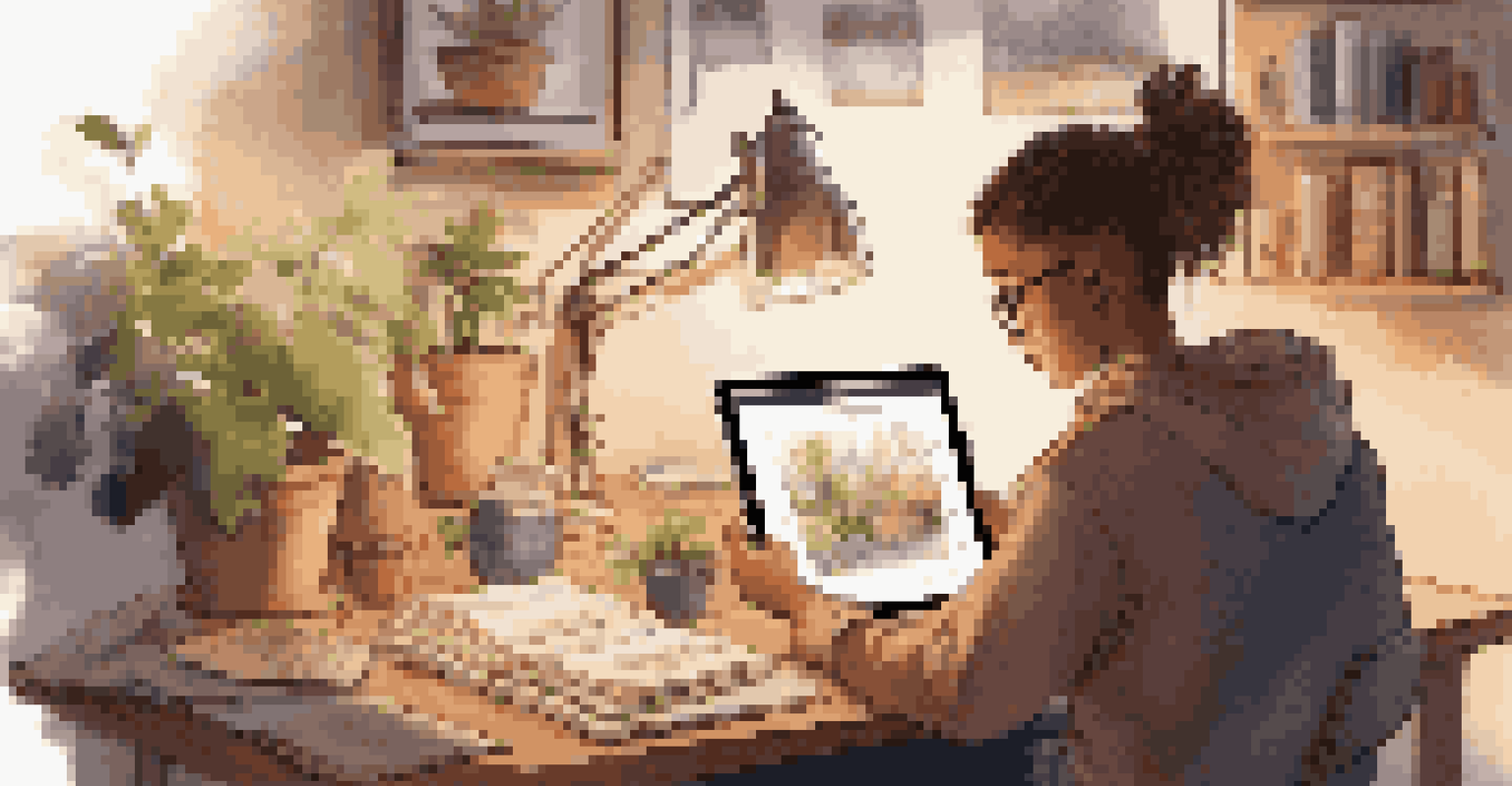 A student creating digital art on a tablet in a cozy workspace, surrounded by art books and plants.