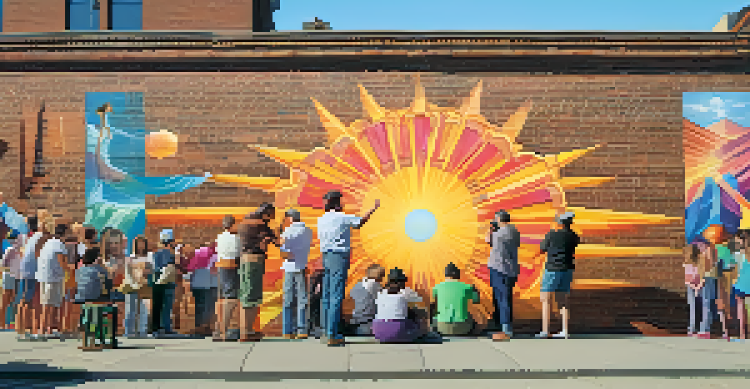 A mural artist painting a colorful mural on a brick wall during an art festival, with a small crowd watching and the sun setting behind.