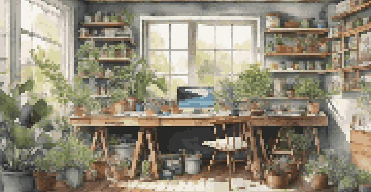 An artist's studio with natural light, featuring eco-friendly art supplies and artworks focused on nature and sustainability.