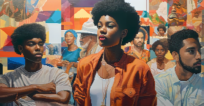 A colorful collage of diverse artists showcasing their artworks that reflect race and gender identity, with a warm, inviting background.
