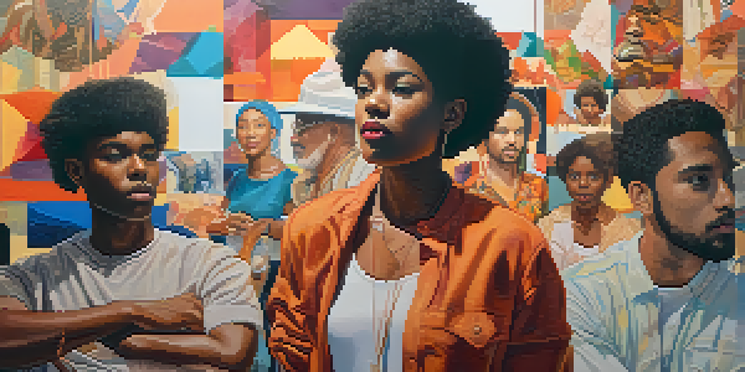 A colorful collage of diverse artists showcasing their artworks that reflect race and gender identity, with a warm, inviting background.