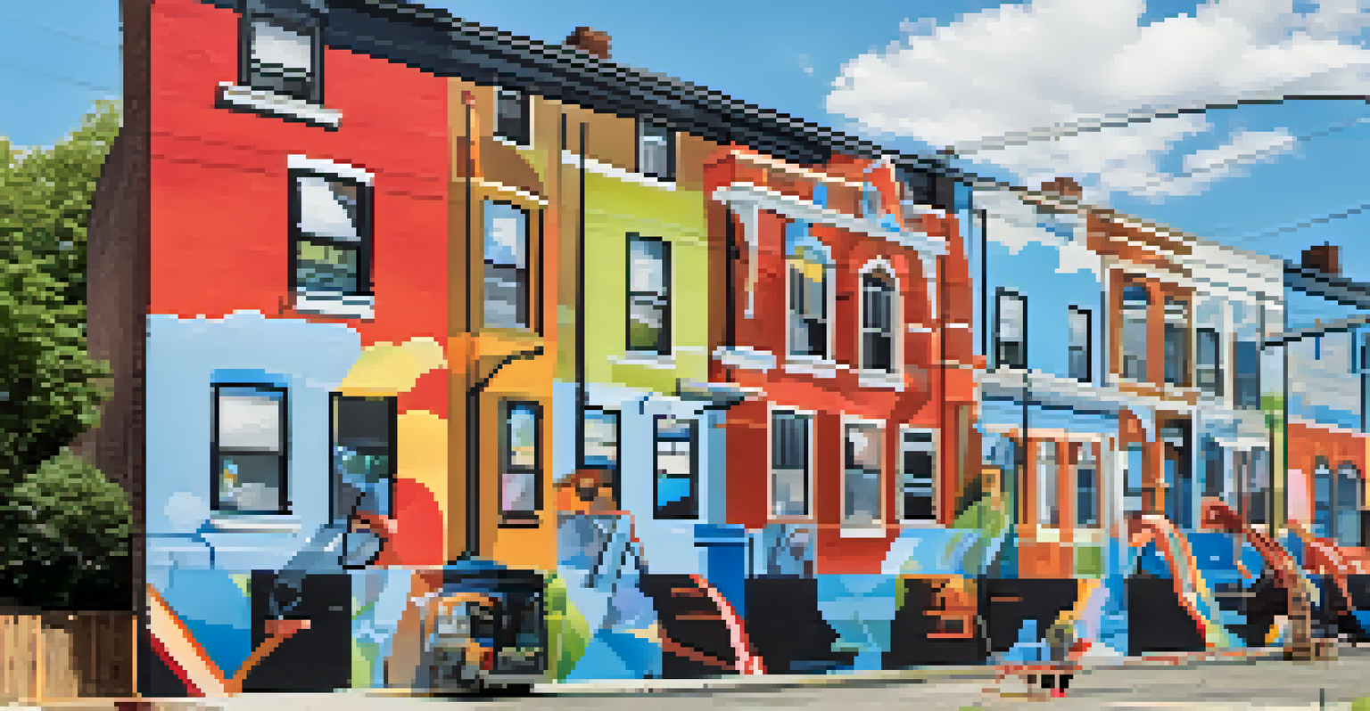 Artists painting a vibrant mural on a large wall in a suburban neighborhood, with houses and greenery in the background.