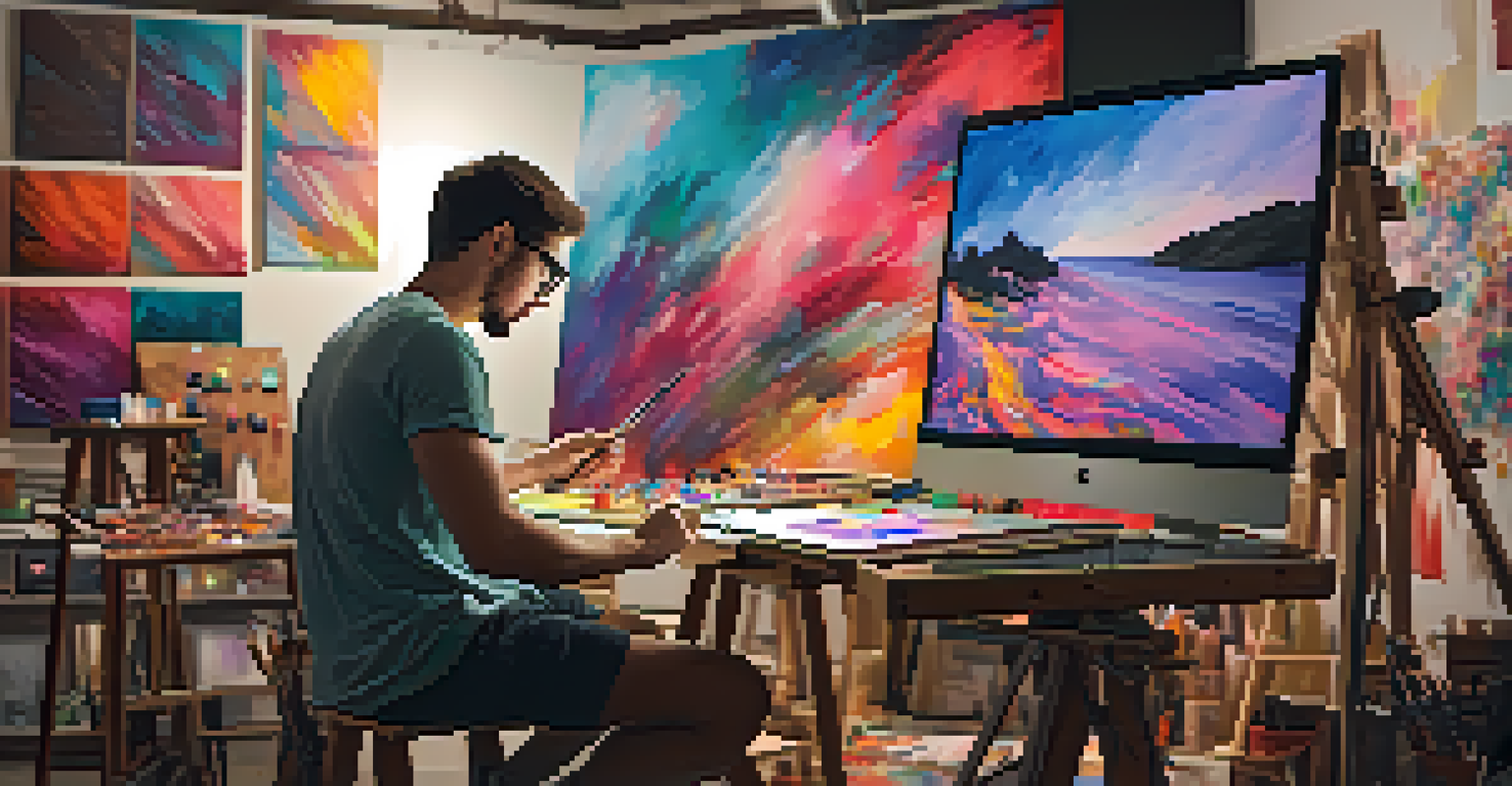 An artist in a traditional studio, blending colors on a canvas, with digital tools and a vibrant display of digital art in the background.