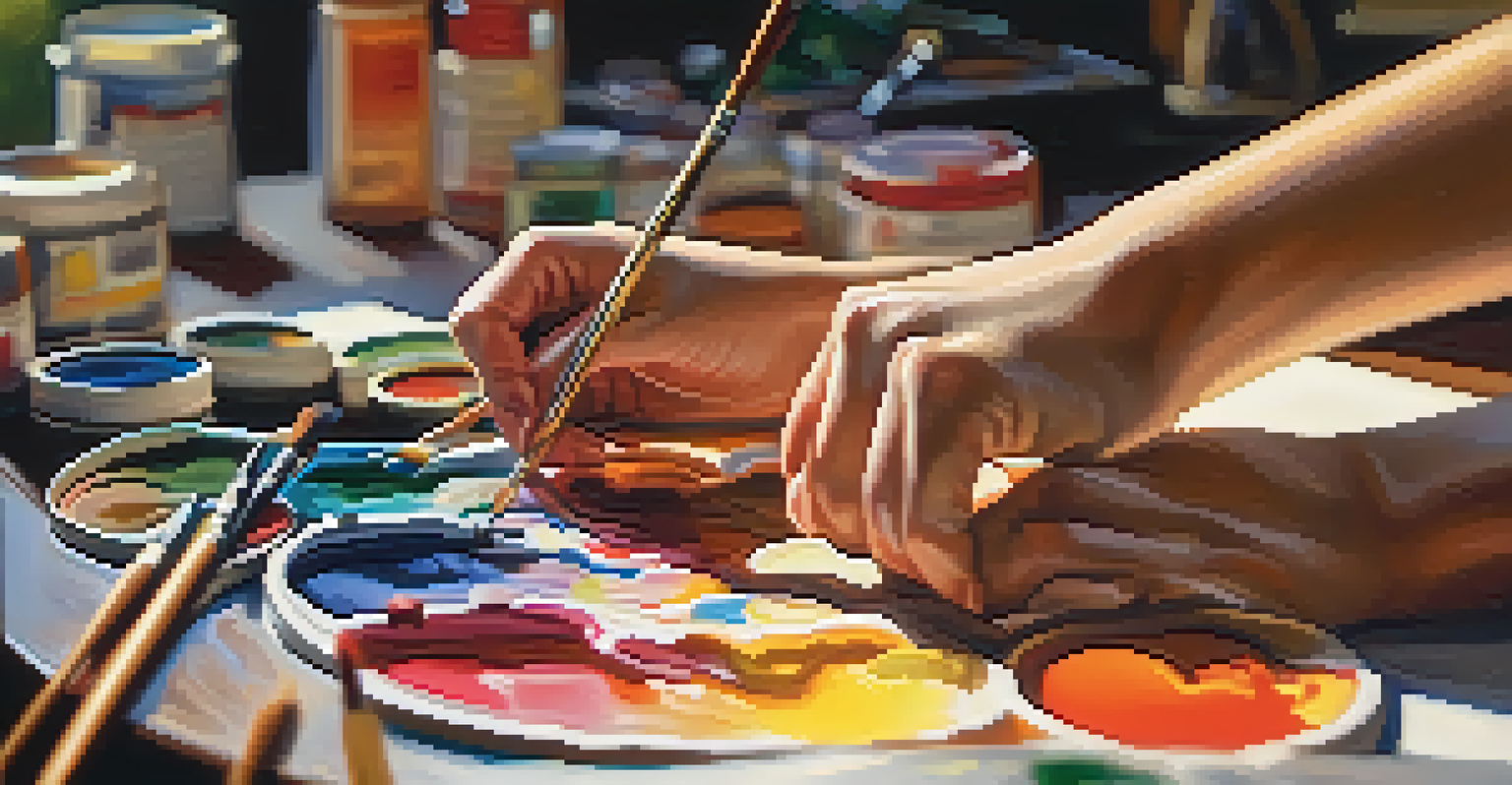A close-up of an artist's hands painting on a canvas, with vibrant colors and a softly blurred background.