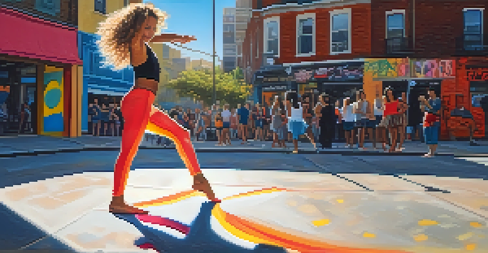 A contemporary dancer performs in front of colorful street art in an urban environment, showcasing dynamic movements with sunlight casting shadows.