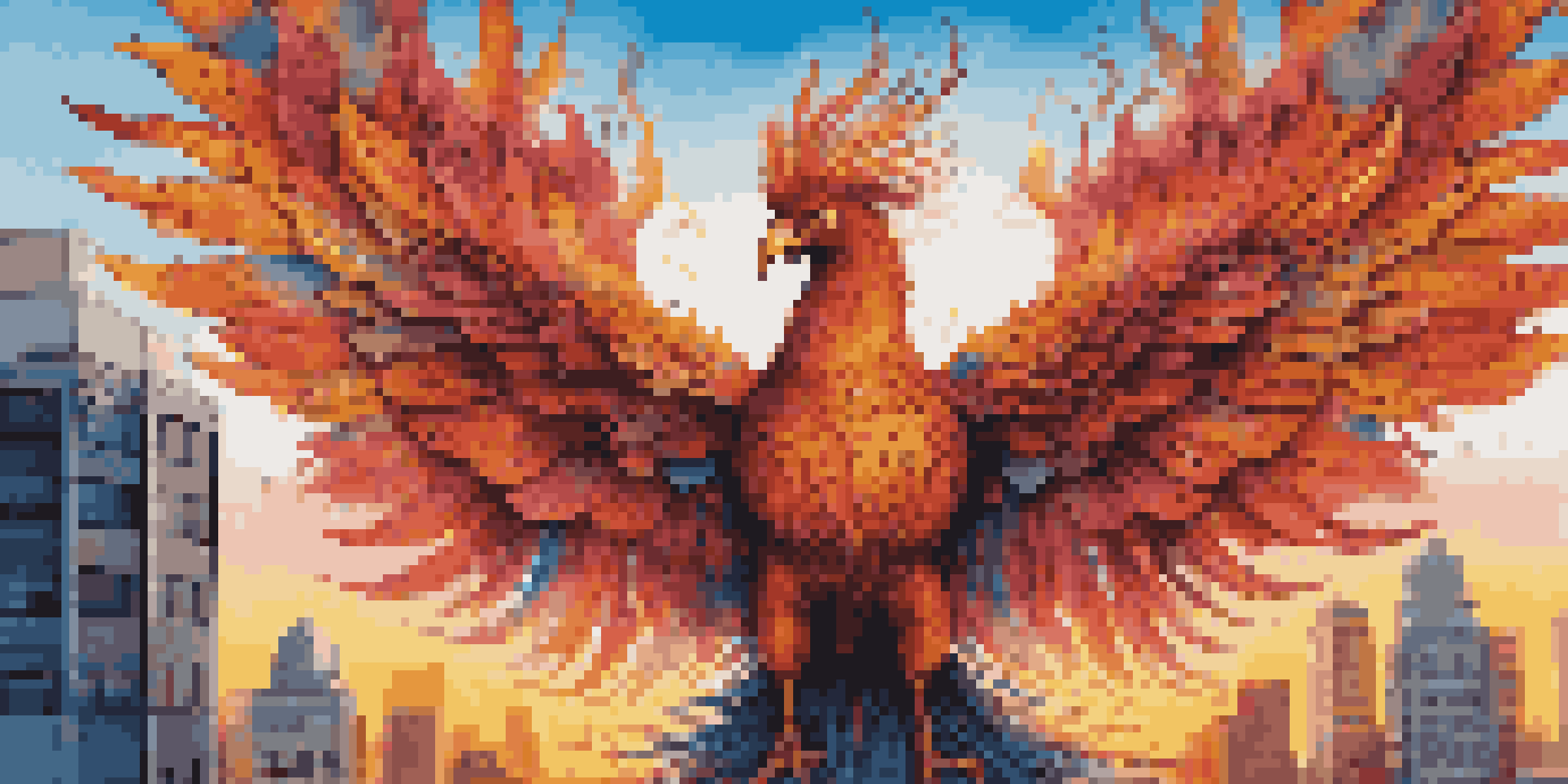 A colorful mural of a phoenix rising from the ashes against an urban backdrop, illuminated by golden hour sunlight.