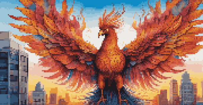 A colorful mural of a phoenix rising from the ashes against an urban backdrop, illuminated by golden hour sunlight.