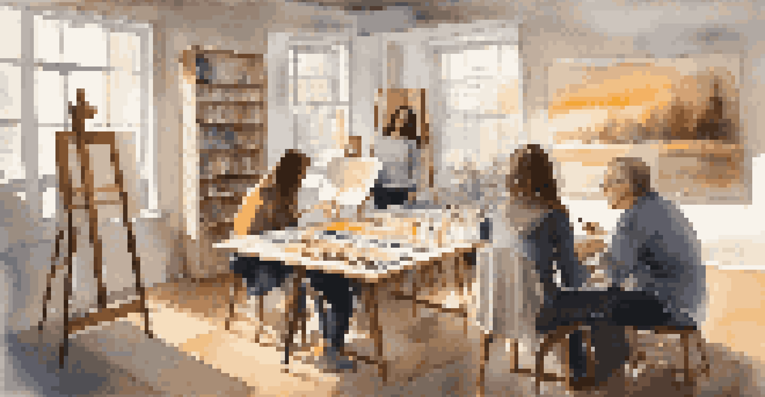 A mentorship session in an art studio, featuring an experienced artist guiding a newcomer with warm lighting and various artworks in the background, creating an atmosphere of support and collaboration.