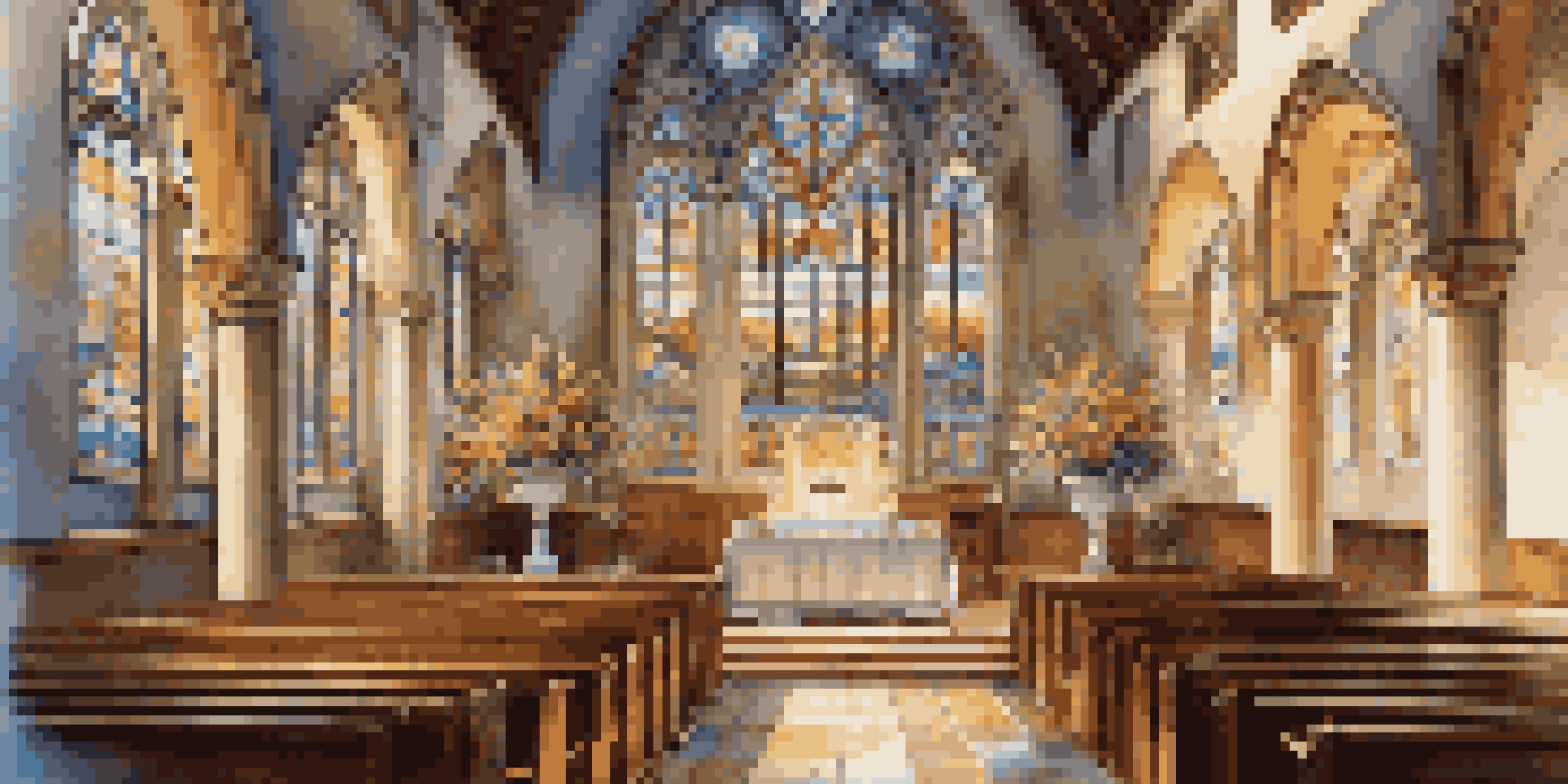 Interior of a traditional church with stained glass windows and a softly lit altar, showcasing a peaceful worship environment.