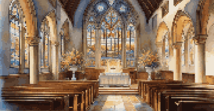 Interior of a traditional church with stained glass windows and a softly lit altar, showcasing a peaceful worship environment.