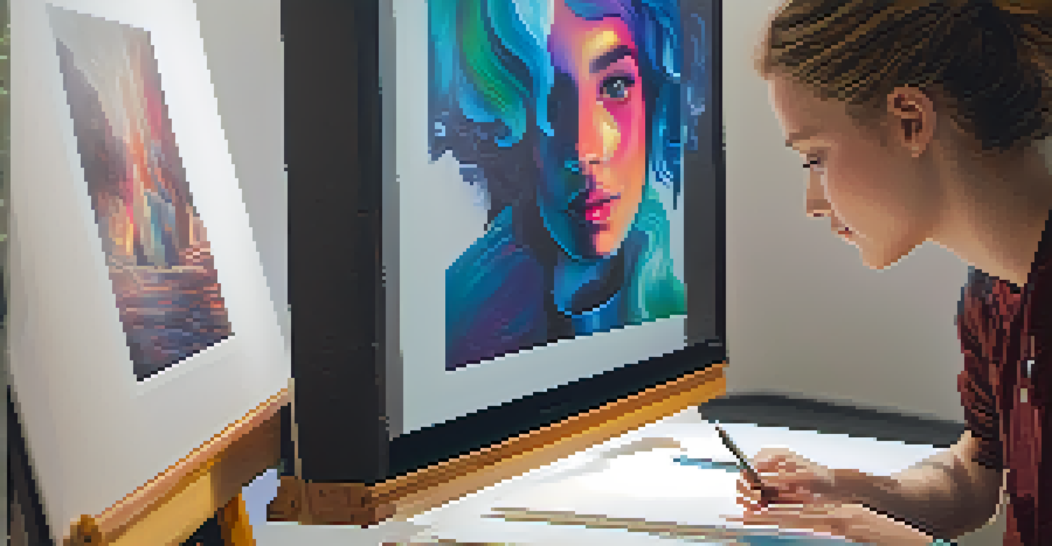 A student closely examining a vibrant painting on a computer screen while taking notes, with a thoughtful expression in a softly lit environment.