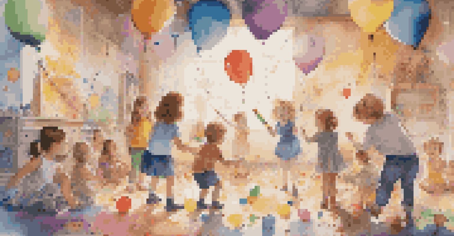 Children joyfully playing with oversized art supplies in a colorful wonderland, creating art together.